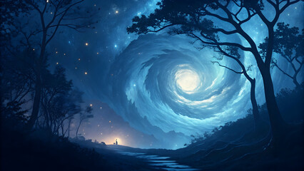 Enchanted forest scene with a swirling blue galaxy sky and glowing path abstract adventure technology, background, new, latest, web, ai background, futuristic hud, cyber security, neural network, data