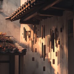 Naklejka premium Asian Courtyard Wind Chimes Sunset. Use Decoration