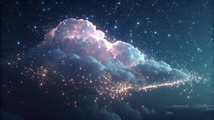 Dreamlike cloud illuminated by sparkling starlight and cosmic dust in a night sky stars technology, background, new, latest, web, ai background, futuristic hud, cyber security, neural network, data