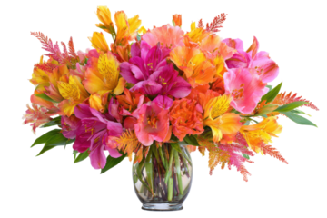 Vibrant floral arrangement studio photography bright close-up beauty. Isolated on transparent background, png.