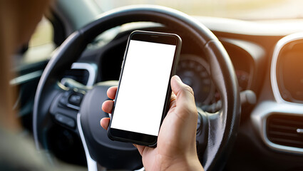 Hand holding phone inside car near steering wheel smartphone