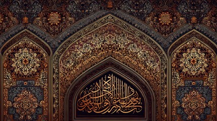 Intricate golden and bronze floral arches with Arabic calligraphy accents on a dark background
