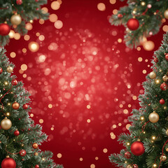 Christmas Banner with Decorated Trees and Red Bokeh Background

