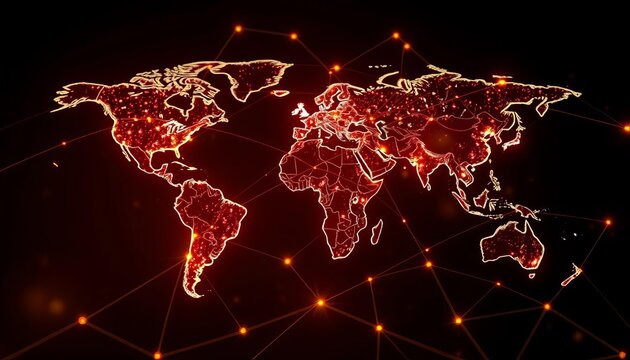 Global network of glowing lines connecting continents, orange, nodes