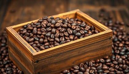 Fototapeta premium Rustic wooden box overflowing with dark roasted coffee beans, espresso, crate