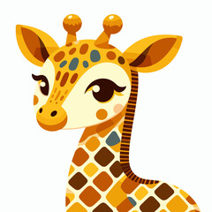 Cute cartoon giraffe with big eyes and playful spots on a simple white background