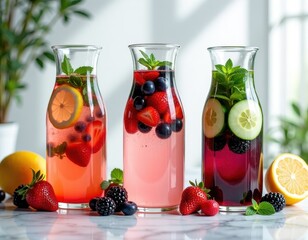 Three refreshing infused waters with fresh fruits like strawberries, blueberries, and blackberries, served in elegant glass carafes, perfect for a healthy and vibrant drink.
