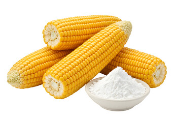 Fresh corn cobs and corn starch powder healthy food ingredient for cooking and baking recipes, isolated on white or transparent background. PNG