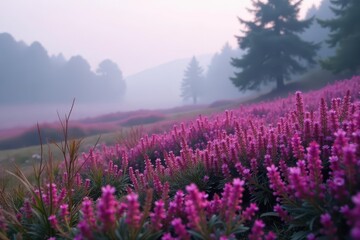 Fototapeta premium Dense purple pink heather in a misty landscape, landscape, purple flowers, hills