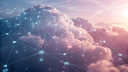 Network Grid Over Soft Pink and White Clouds at Sunrise Sky image photo technology, background, new, latest, web, ai background, futuristic hud, cyber security, neural network, data tech ai background