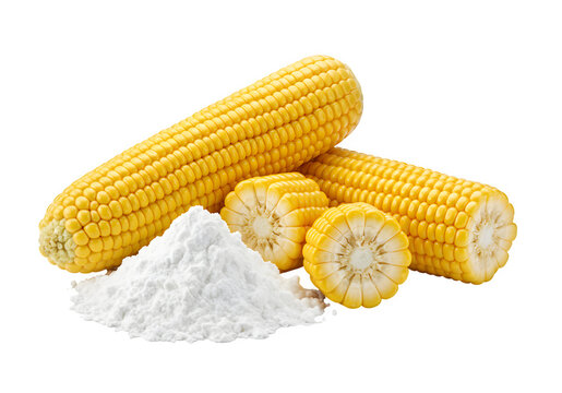 Fresh corn cobs and corn starch powder healthy food ingredient for cooking and baking recipes, isolated on white or transparent background. PNG