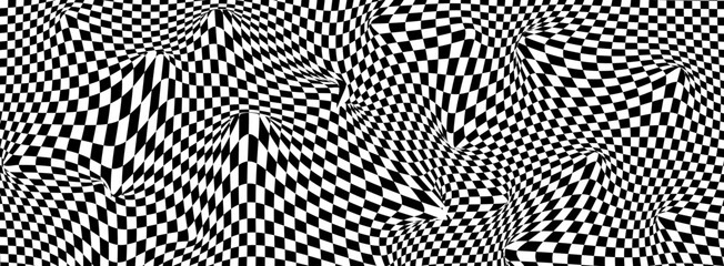 Black and white distorted race design with deep curves and squiggle lines. A monochrome digital textile backdrop for fashion, handdrawn perspective art, and bold optical wallpaper. Vector illustration