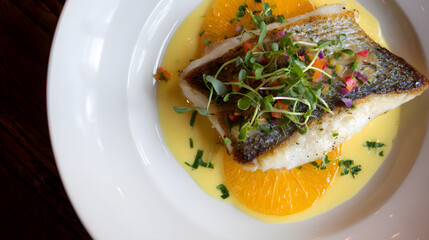 Freshly Roasted Fish Filet Served on Citrus Slices with Colorful Garnish for Gourmet Dining Experience