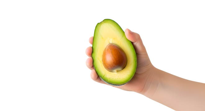 Hand Holds Half Avocado with Seed on Transparent Background, Showing Fresh Fruit Detail