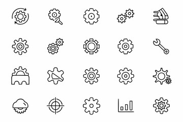 A minimalistic line vector set that blends engineering elegance with modern tech symbolism — showcasing gears in sync and system optimization. Perfect for print, web, and animation use.