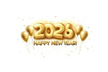 Gold 2026 Balloons with HAPPY NEW YEAR Text – Festive New Year Decoration on White Background