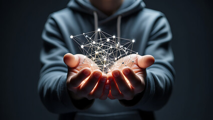 Hands holding glowing geometric network image