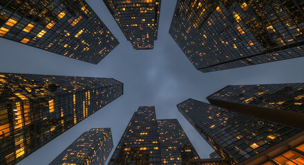A low-angle shot of futuristic city buildings at dusk, revealing the intricate patterns of their lighted windows