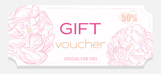 Gift Voucher, Gift Certificate, Elegant Design, Watercolor Flowers Frame, 50%, Discount, Gift Coupon, Vintage, Vector