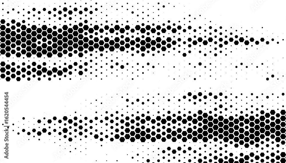 Poster black and white abstract transition pattern with hexagon shape halftone effect for sporty background