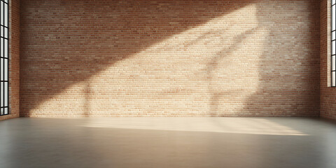 Sunlit brick wall and floor creates a warm, inviting space with natural light casting intriguing shadows across the scene. Minimalist interior.