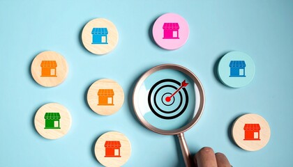 Magnifying glass over bullseye dartboard surrounded by colorful store icons, symbolizing targeted marketing