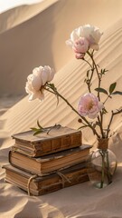  Wooden Form and Floating Cherry Blossoms in Glass Vase