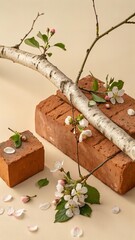 Terracotta Sculpture with Pink Camellia Blossoms