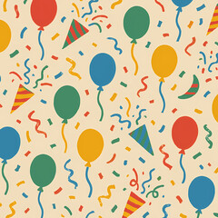 Obraz premium Colorful Party Pattern Background with Balloons, Party Poppers, and Confetti