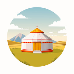 Fototapeta premium Colorful Yurt with Floral Banding and Yellow Roof in a Mountainous Landscape