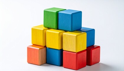 Fototapeta premium Colorful wooden blocks stacked in pyramid formation on neutral surface