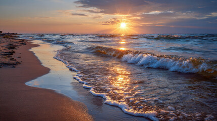 Soft waves caress the sandy beach as a breathtaking golden sunset paints the sky. Warm reflections shimmer on the wet sand, creating a serene coastal atmosphere at dusk