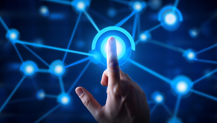Human finger touching glowing blue network nodes image