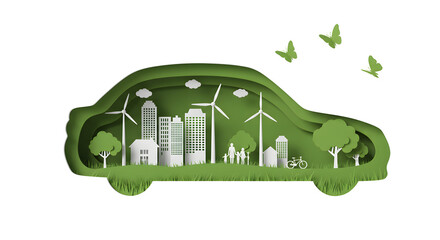 Eco-city inside a car Paper-cut art of sustainable urban life and nature