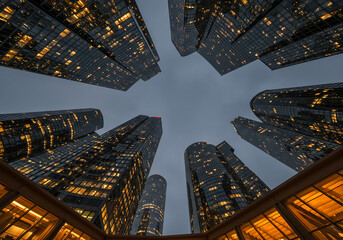 Upward perspective of sleek financial district skyscrapers, their myriad windows glowing