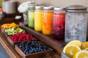 Colorful detox juices and fresh fruit slices promoting healthy eating habits