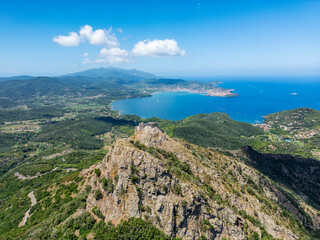 Aerial view of the Volterraio Fortress and the bay of Portoferraio, Elba Island, Livorno