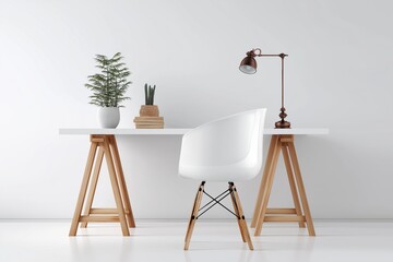 Modern minimalist home office setup with white desk, chair, and lamp