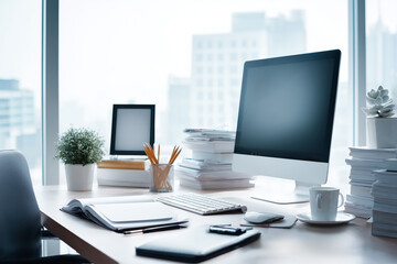 Modern office desk showing business workspace with computer and documents