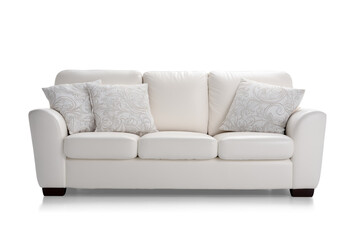 Comfortable white leather sofa with cushions on transparent background