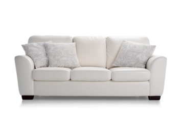 Comfortable white leather sofa with cushions on transparent background