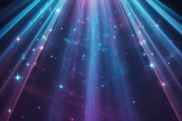 Rays of light and sparkling stars create an abstract cosmic background in space
