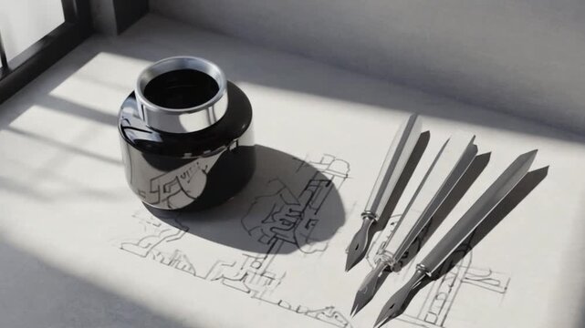 Ink bottle and drafting tools on a sketch, sunlight casting shadows in a creative workspace