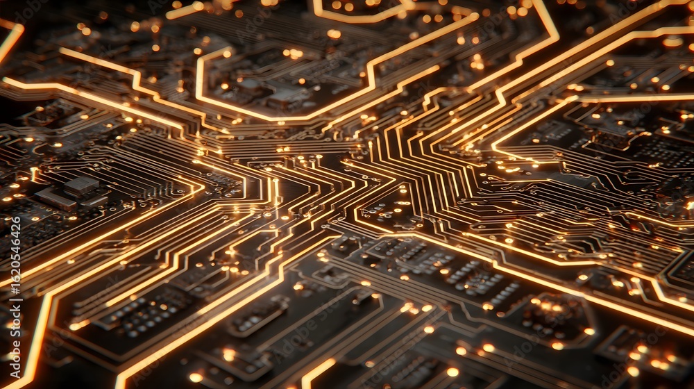 Poster detailed close-up view of illuminated circuit board pathways.