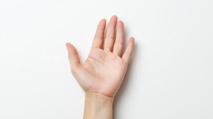 Close up of open human hand against plain white background, showcasing palm and fingers in relaxed posture. image highlights natural texture and details of skin