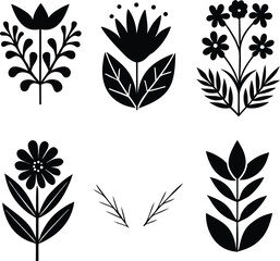  Vector art of set of black and white floral designs isolated on white background