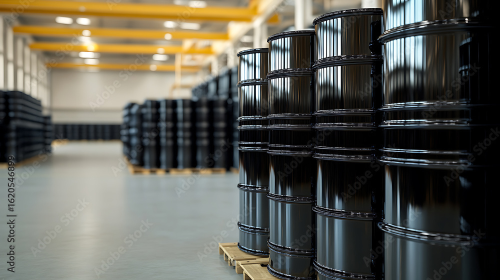 Poster stacked barrels in warehouse: glossy drums neatly arranged on pallets create a visually striking pat