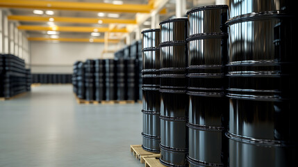 Stacked Barrels in Warehouse: Glossy drums neatly arranged on pallets create a visually striking pattern of industrial storage and efficient space utilization.