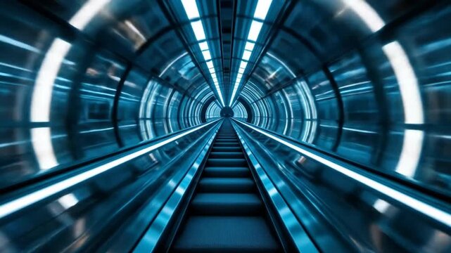 Futuristic Escalator Tunnel: Dynamic Perspective, Blue Light, Modern Architecture