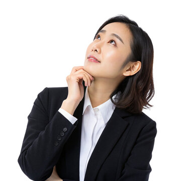 Young woman in business attire thinking isolated on transparent background